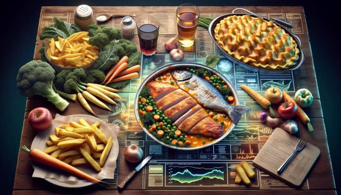 Creating a Men’s Health Routine: A vibrant British meal featuring kale, carrots, parsnips, chicken, and fish, healthily adapted.