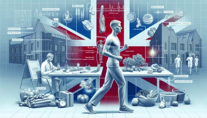 Illustration of a UK man's health routine showcasing gym, diet, mental health, and routine check-ups in a contemporary urban environment.