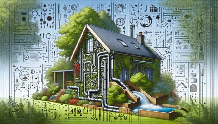 Diagram of a modern downspout drainage system with annotations, set against a backdrop of a Surrey home.