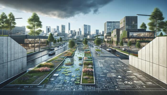 Modern urban landscape featuring permeable paving and smart drainage systems showcasing sustainability and efficiency.