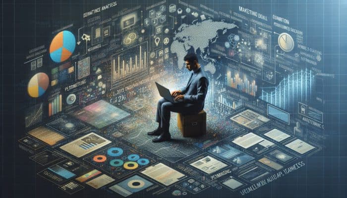 A small business owner in Ferndown analyzing marketing metrics on a laptop, surrounded by related materials.