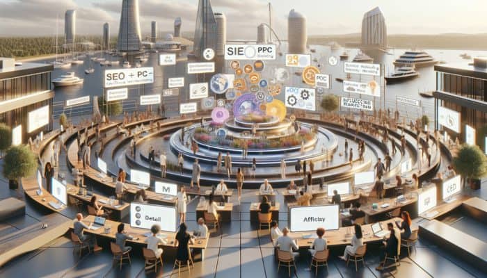 Internet Marketing in Plymouth for Small Businesses: A vibrant digital marketing environment in Plymouth featuring various marketing icons and local businesses engaging with customers online.