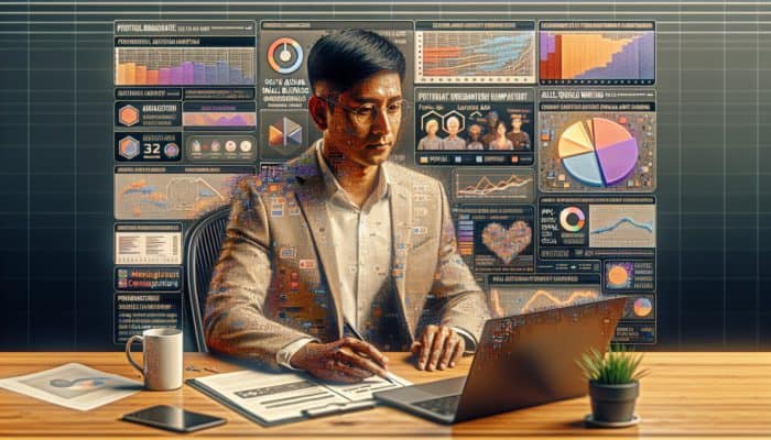 A small business owner in Plymouth managing PPC, display, and social media ads, analyzing growth charts on a laptop.