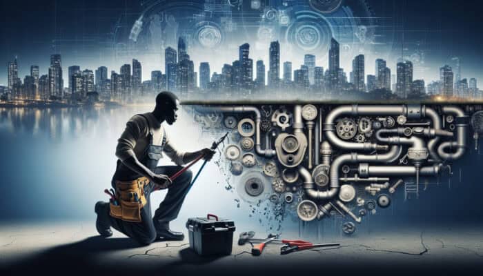 A plumber in Coquitlam cleaning a modern drainage system with the city skyline in the background.