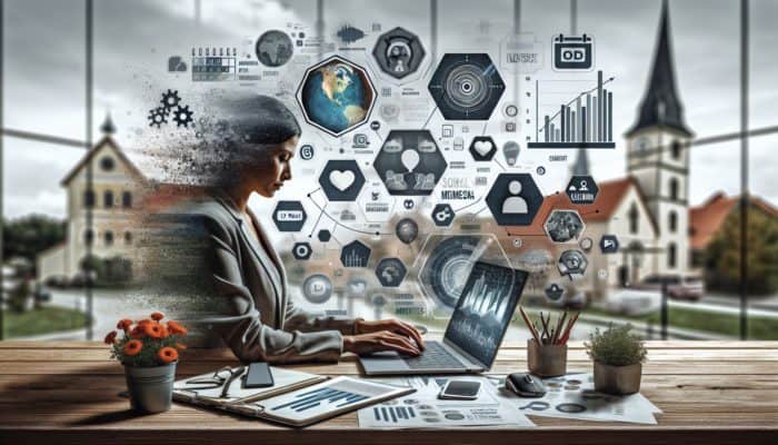 A small business owner organizing social media, utilizing a laptop with branding materials, calendar, and analytics in view.