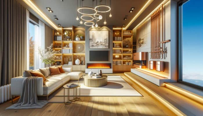 Heating Services in New Westminster: A cozy living room showcasing a cutting-edge heating system that includes a furnace, boiler, heat pump, and radiant floor heating.