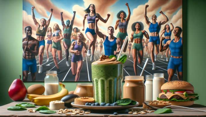 A colorful breakfast scene with a smoothie and vegetarian athletes highlighting high-protein meal plans.