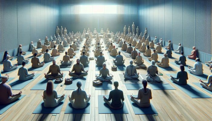 A peaceful UK meditation room with practitioners engaged in body scans and mindful breathing, surrounded by soft lighting and calming colours.