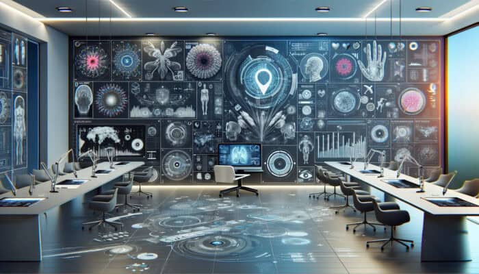 Futuristic lab displaying clarity-enhanced medical imaging, educational tools, data visualisation, interactive software, and art design.