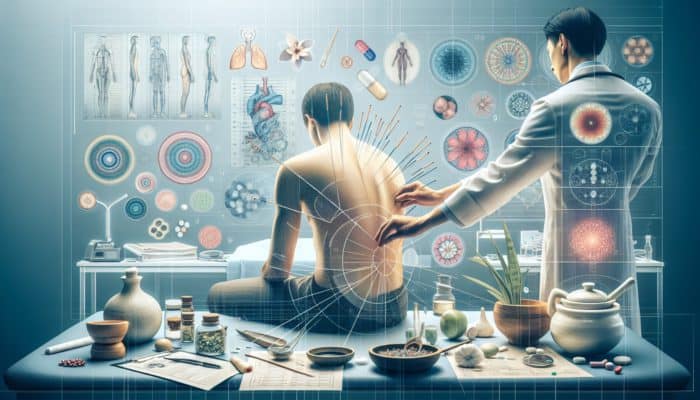 A serene clinic in the UK combining Eastern and Western healing modalities through acupuncture treatment.