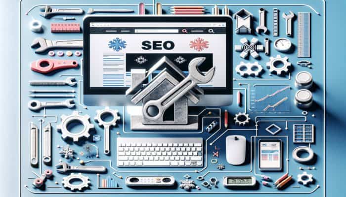 5 SEO Hacks: A digital workspace illustrating a webpage with "Hamilton HVAC repair" prominently displayed within the initial 100 words, surrounded by various SEO tools and graphs.
