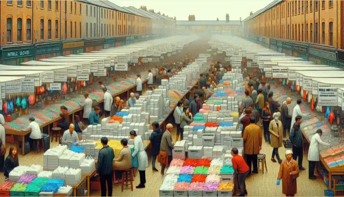 A vibrant marketplace in Newcastle, showcasing stalls that offer various nitrile gloves for medical, food, and industrial use.