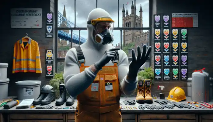 A professional in Newcastle assessing nitrile gloves, comparing prices and certifications, with industrial safety gear and customer feedback charts in the background.