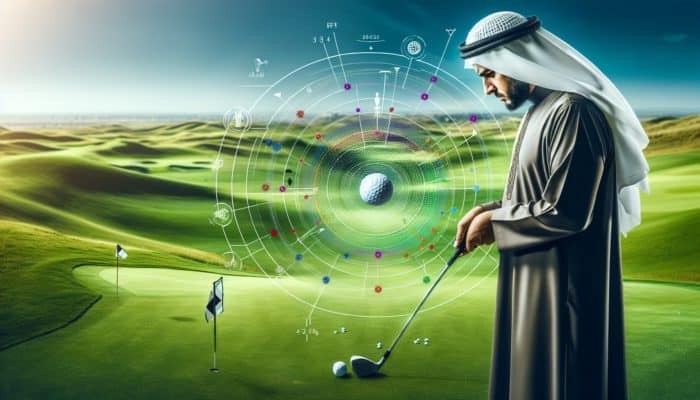 A golfer visualizing a shot on a lush green course with strategic markers and focus lines.