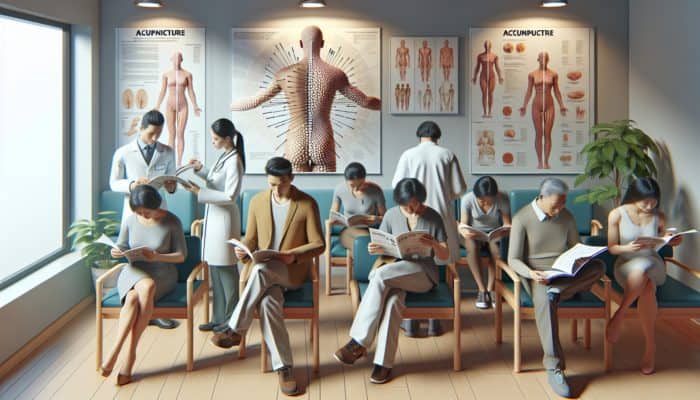 NHS clinic waiting area showcasing patients learning about the integration of acupuncture into modern medical practices.
