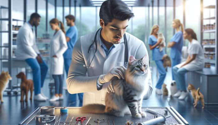 A veterinarian examining a recovering rescued cat in a clinic, surrounded by medical tools and other animals.