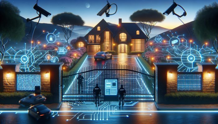 A serene Mossel Bay estate at dusk with advanced security features including electric fencing, CCTV, and 24/7 patrols.