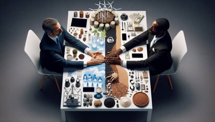 Two people shaking hands over a table with resources, symbolising a successful partnership.