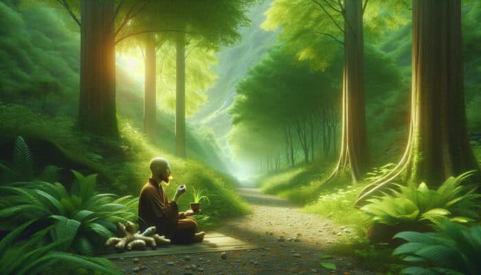 A person in a forest path holding ginger root and sipping herbal tea, surrounded by green foliage and sunlight.