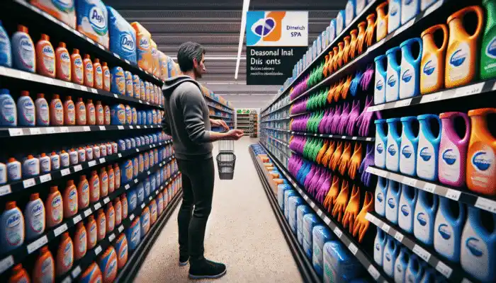 Shopper examining rubber gloves in Droitwich Spa supermarket, with Tesco and Sainsbury's logos and seasonal discount sign.
