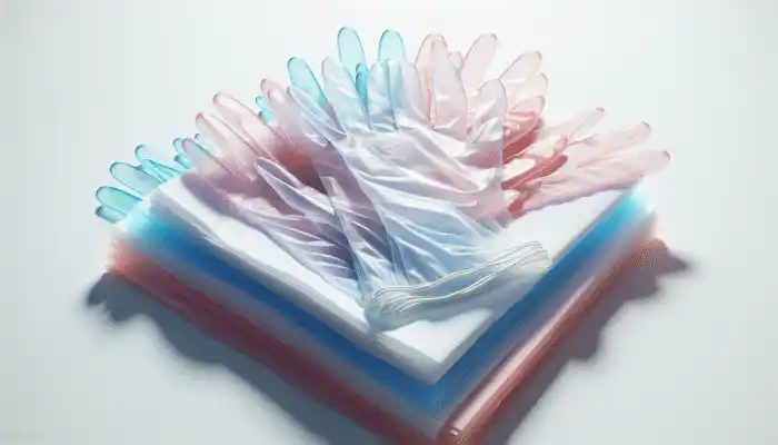 Polythene Gloves in Swanscombe: A display of disposable polythene gloves in various colors on a white surface, highlighting their thin, flexible texture and transparency.