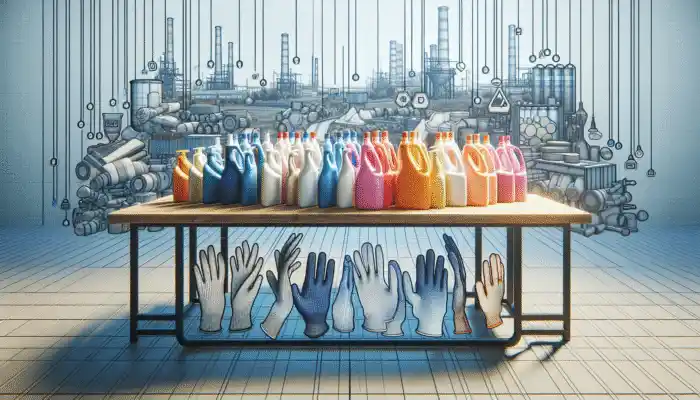 A diverse array of polythene gloves displayed in a Swanscombe store, set against an industrial town backdrop.