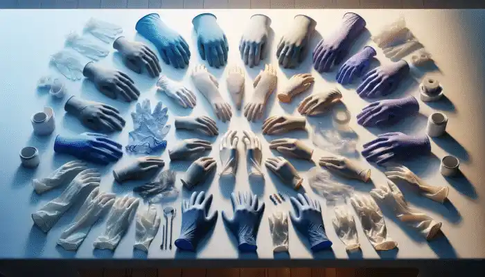 Hypoallergenic polythene, durable nitrile, and less durable vinyl gloves displayed on a table, labeled for use and cost.