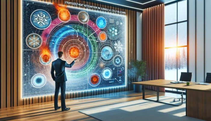 Blizzard Heat Retention: Consultant presenting heat retention strategies during a blizzard, using diagrams in a warmly lit office with snow outside.