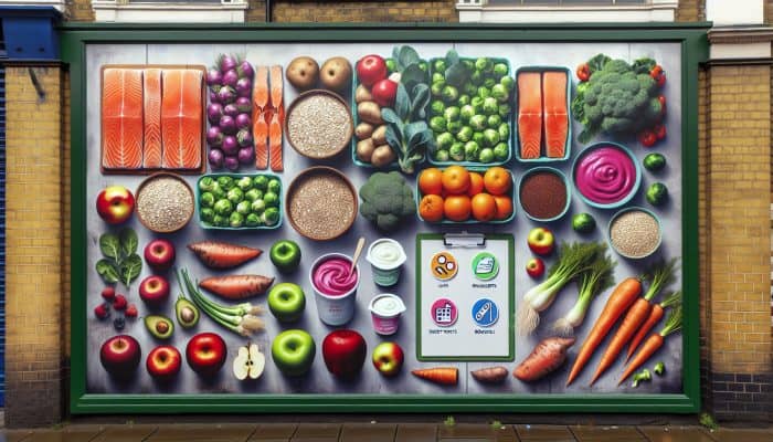 Healthy Eating for Travelers: A vibrant UK market stall showcasing nutritious foods including oats, salmon, Brussels sprouts, quinoa, sweet potatoes, broccoli, apples, and yogurt.