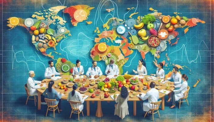 Diverse experts around a world map sharing healthy eating tips with fruits, nuts, and salads displayed.