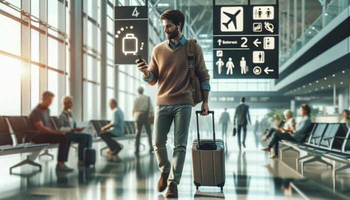Traveller navigating the airport with smartphone, carry-on, and documents, dressed comfortably, utilizing airport lounge.