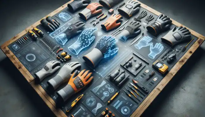 An extensive selection of safety gloves on a workbench, designed for various industries.