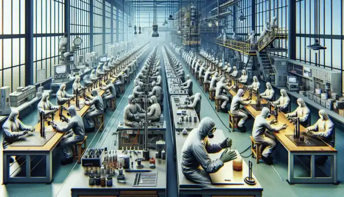 Workers in Goole laboratory testing safety gloves with advanced equipment for quality assurance and durability.