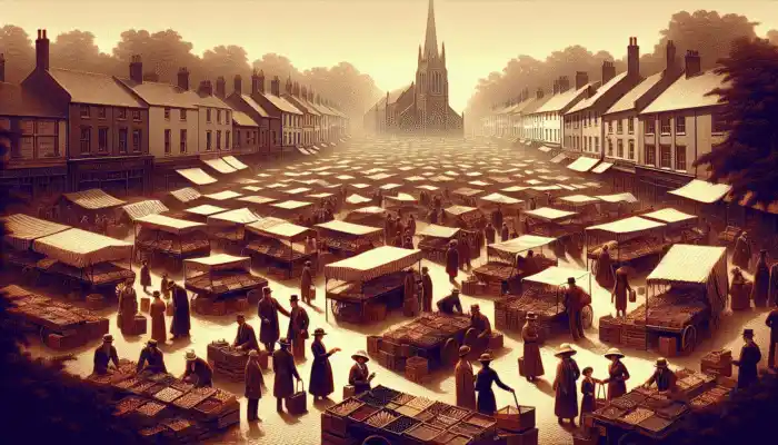 A vibrant market scene in High Wycombe featuring stalls selling vinyl gloves, diverse shoppers, and historic buildings.