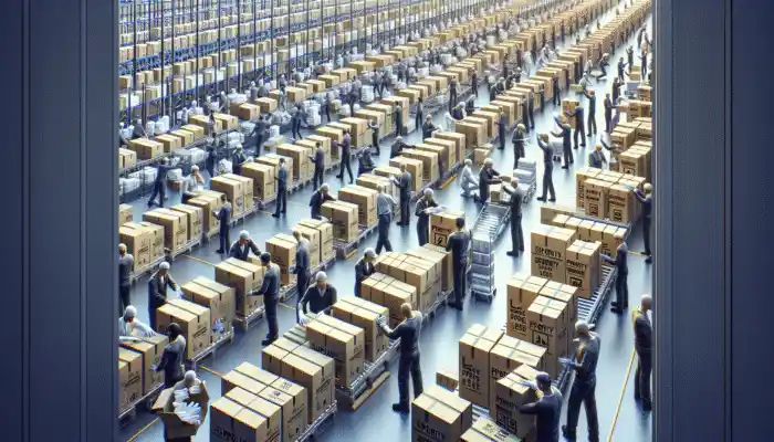 Workers in a High Wycombe warehouse preparing and dispatching vinyl gloves for express shipping.