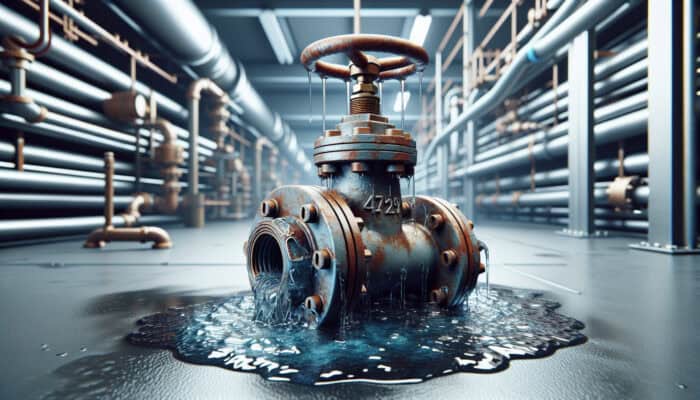 Corroded water valve leaking, surrounded by water, showing rust and discoloration, in a utility room.