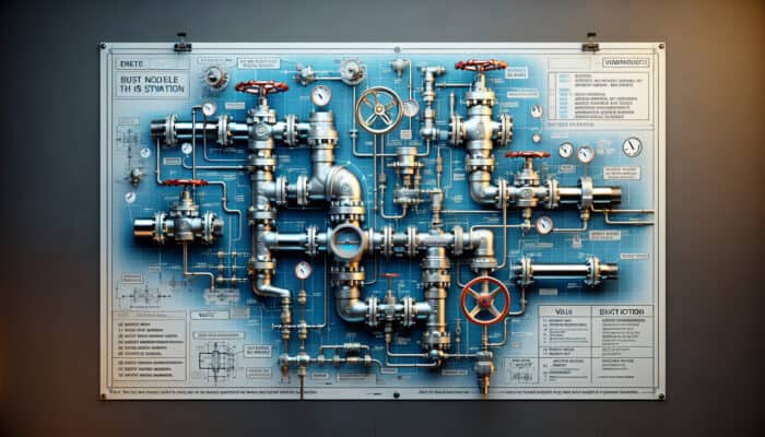 Cross-section of plumbing system showcasing gate, ball, check, and butterfly valves, labeled and demonstrating water flow.