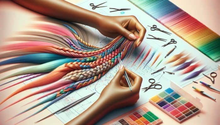 Crafting Micro Braids in Half-Up Styles: Close-up of hands creating intricate micro braids with colourful extensions on a pastel background.