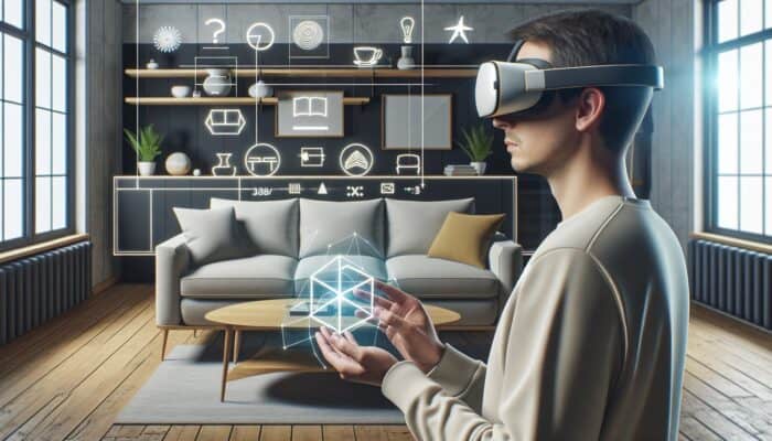 Person using AR glasses to visualize a new sofa in their living room, enhancing their shopping experience.