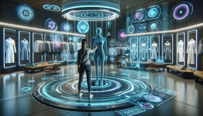A futuristic AR room featuring holographic screens and clothing items for virtual try-ons.