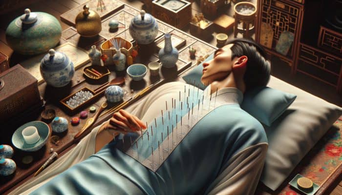 Pairing Acupuncture With Mindfulness: A person receiving acupuncture in a tranquil Chinese setting, with needles at acupoints and energy flow symbols.