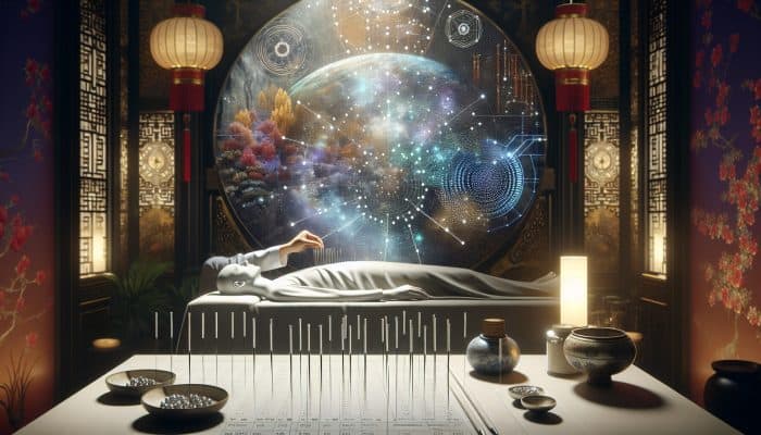 Acupuncture for Energy Enhancement: A serene acupuncture session featuring needles in a patient's back, promoting energy flow in a traditional Chinese-style room.