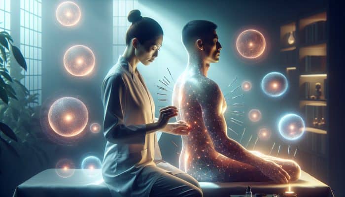 A serene acupuncture session featuring glowing orbs symbolising enhanced energy and expert guidance.