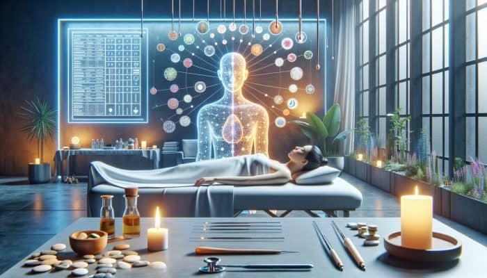 A serene acupuncture session featuring herbal medicine, mindfulness, and modern technology in a tranquil holistic clinic.