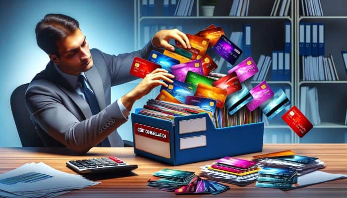 How to Flip Debt Consolidation into Savings: UK Guide | DCL How to Flip Debt Consolidation into Savings: A person organising colourful credit cards and loan papers into a single file folder on a desk, symbolising debt consolidation.