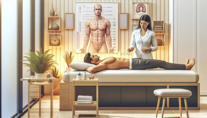 A patient receiving acupuncture for weight loss in a modern UK clinic, with a practitioner explaining the procedure.