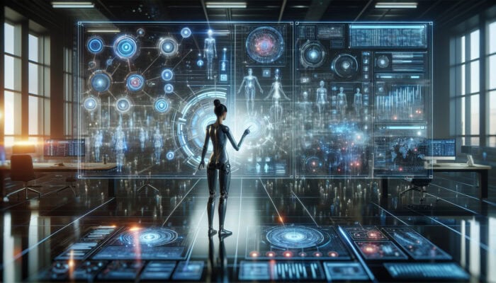 A virtual assistant analyzing workflow charts for automation in a tech-filled office.