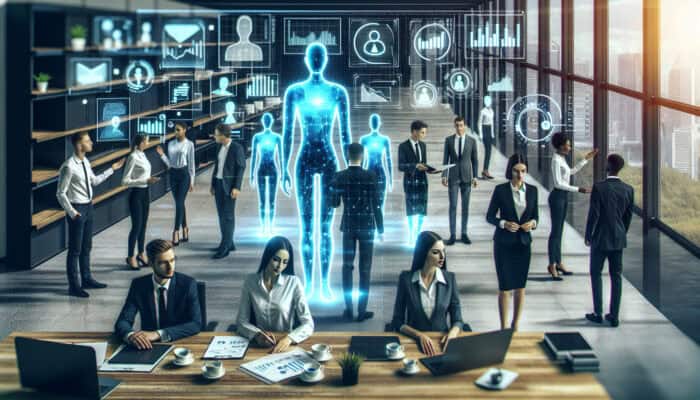 A dynamic office scene with human virtual assistants and professionals using holographic displays and modern technology for business growth.
