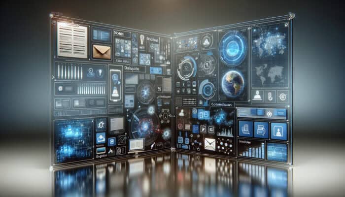 A futuristic digital interface with holographic icons, organized notes, and seamless device connectivity for remote work collaboration.