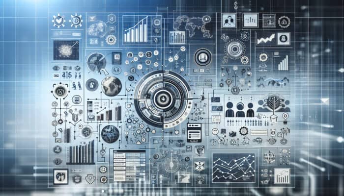 Infographic illustrating elements of tech company research: financial performance, products, market trends, with thematic icons and graphs.